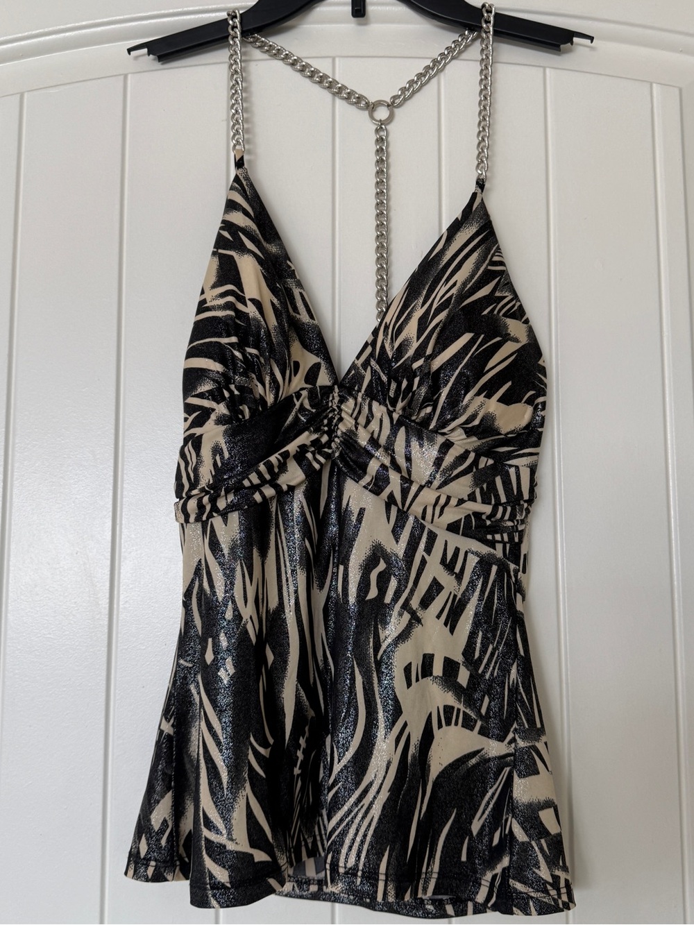 ✨ Y2K Glam Chain Strap Halter Top Built In Padded Bra - Metallic Zebra Print S
